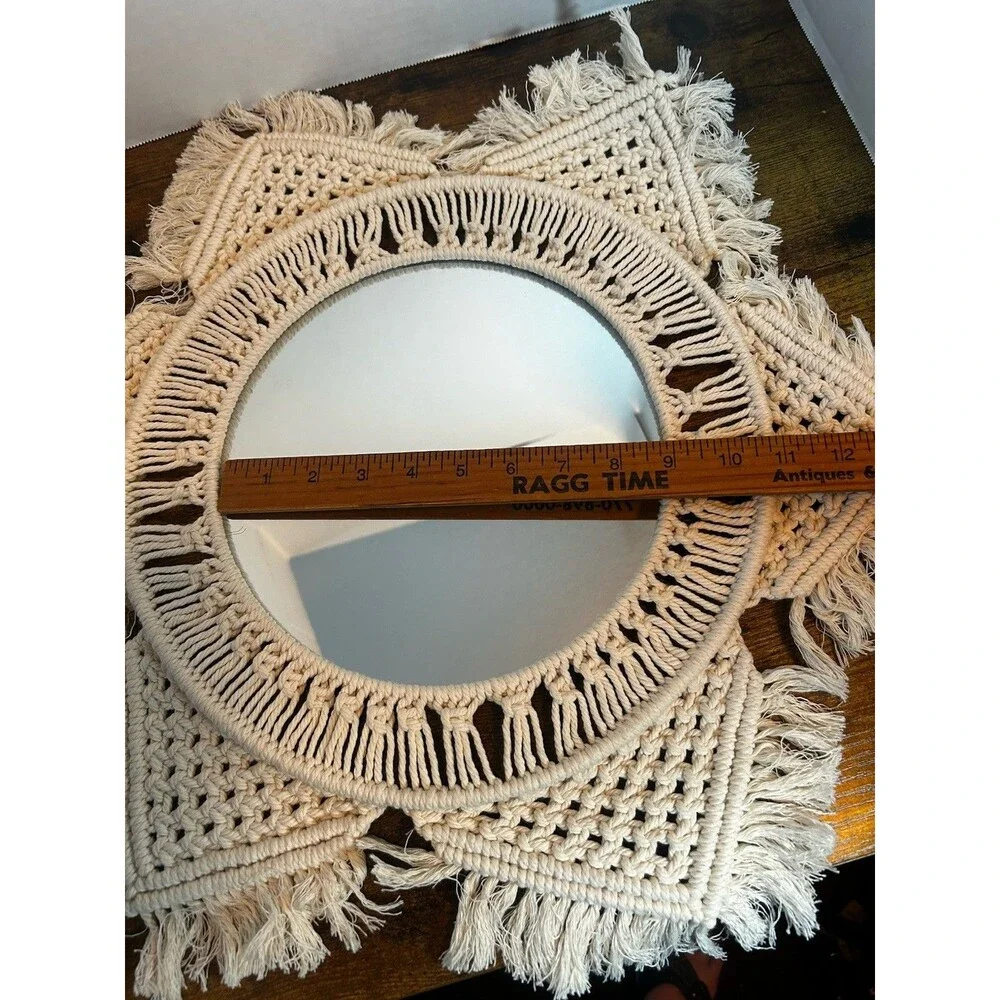 Boho Macrame Wall Mirror Round Fringe Woven Cotton Decor 20” Handmade Chic Home